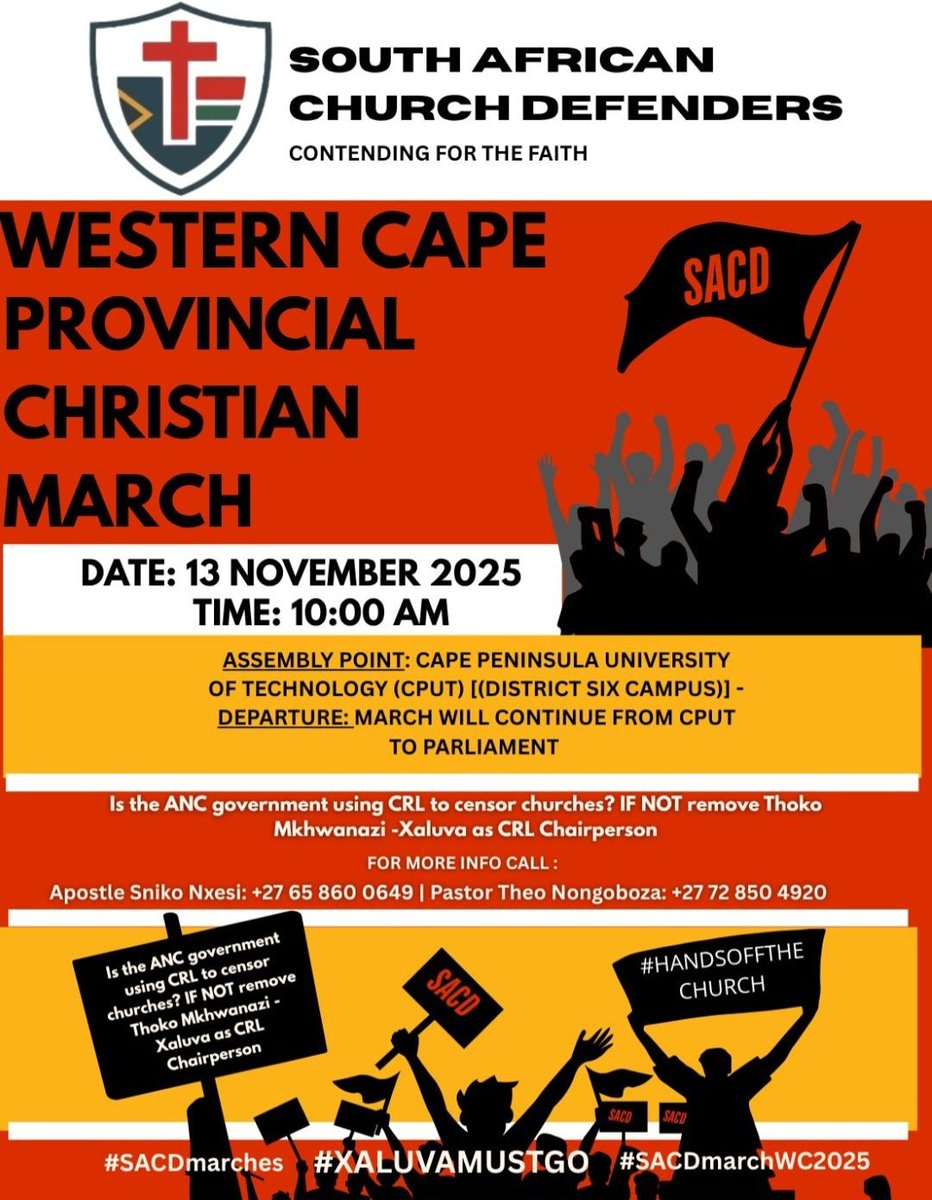 On the, 13th November 2025, Christians from across the Western Cape and beyond are gathering in Cape Town for the Western Cape Provincial Christian March, organised by the South African Church Defenders (SACD) under the banner “Contending for the Faith.”

The march will assemble