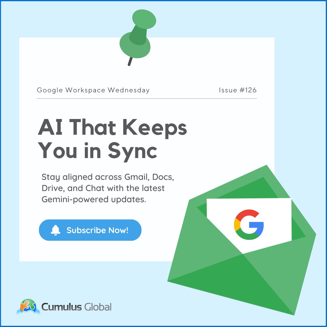 billatcumulus's tweet image. Gemini Deep Research now connects to Gmail, Docs, Drive, and Chat to help you find answers faster. 

Read more in this week’s #GoogleWorkspaceWednesday Bulletin: jump.cumulusglobal.com/3XmJA7Q 

#ManagedCloudServices #GoogleWorkspace #Gemini #AI #Productivity #Collaboration
