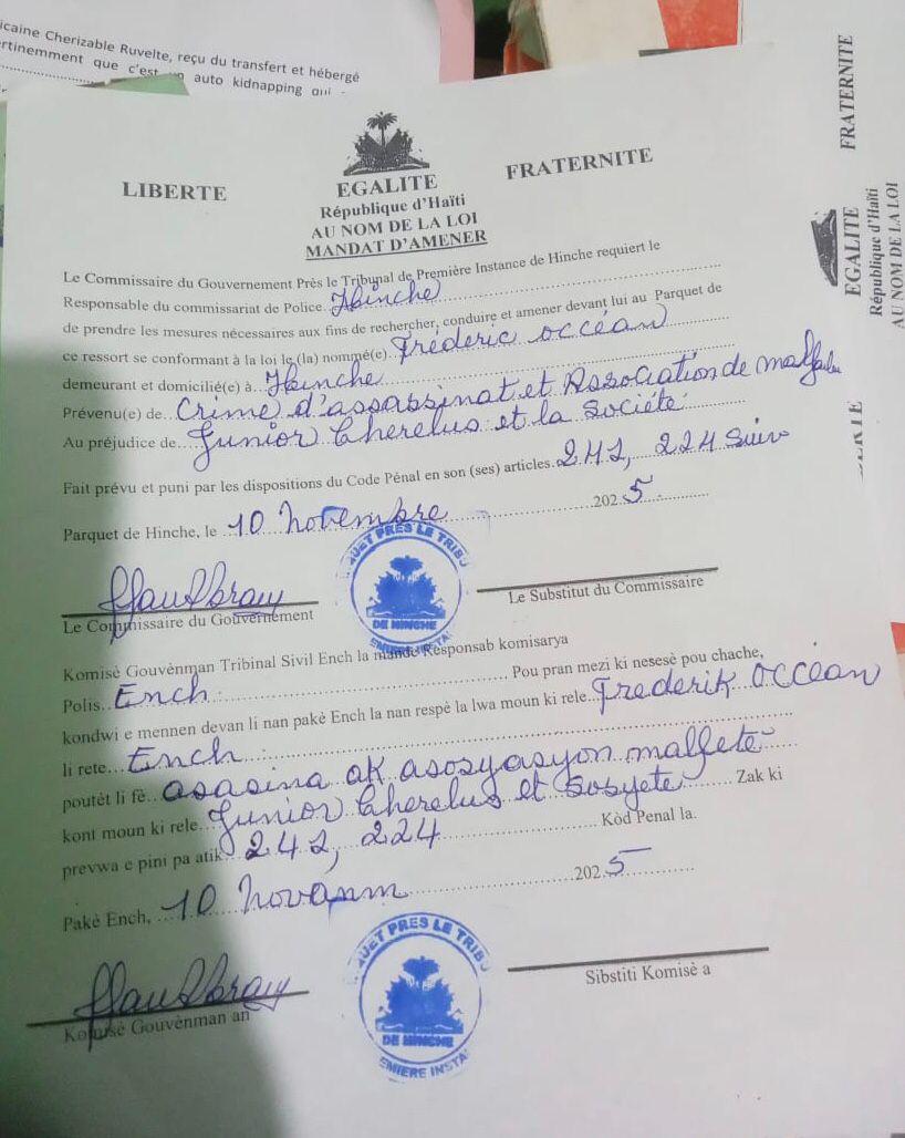 Nous apprécions la décision du Com du Gouvernement de Hinche d'engager l'action publique ctre le Délégué Départemental Me Frédéric Occéan et géraltho, chef de troupe. Cepdant,  le dossier doit immédiatement transférer à un cabinet d'instruct crédible. 
Justice pour les victimes !