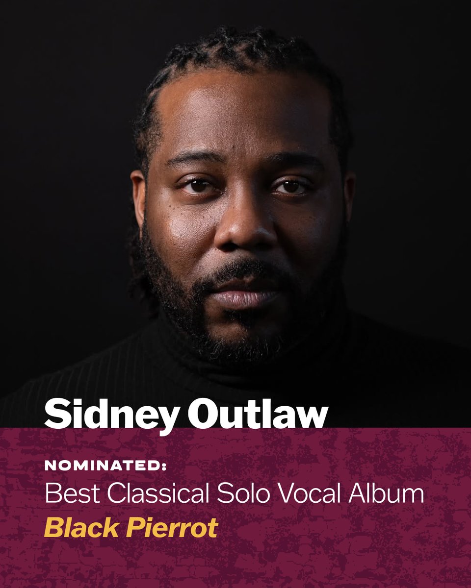 👏👏 We’re thrilled to celebrate Adjunct Assoc. Prof. of Voice Sidney Outlaw on his #GRAMMYs nomination for 𝗕𝗲𝘀𝘁 𝗦𝗼𝗹𝗼 𝗖𝗹𝗮𝘀𝘀𝗶𝗰𝗮𝗹 𝗩𝗼𝗰𝗮𝗹 𝗔𝗹𝗯𝘂𝗺! 𝘉𝘭𝘢𝘤𝘬 𝘗𝘪𝘦𝘳𝘳𝘰𝘵, created with the amazing Warren Jones, has earned this well-deserved recognition.