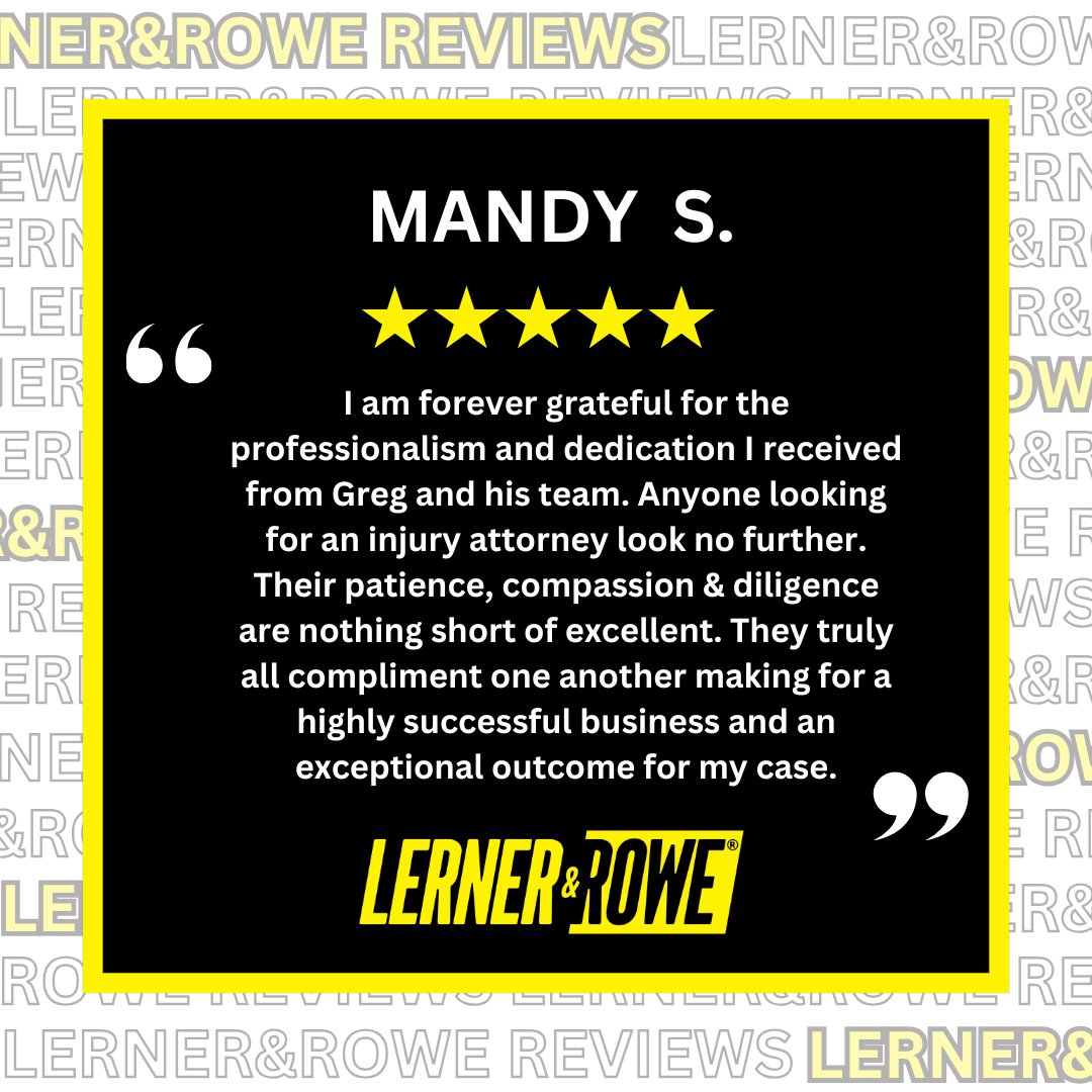 LernerandRowe's tweet image. Mandy, your 5-star review is deeply appreciated! We&apos;re proud of the team&apos;s dedication and so glad you felt supported throughout your entire case journey. #ClientSupport #LernerandRowe #InjuryAttorney #GoogleReview