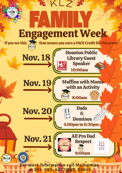 KLZFamilyCenter's tweet photo. Save the date and plan to join us next week during Family Engagement Week. We have several events going on! Call me if you have any questions at 281-983-8477 EXT. 23812. https://t.co/2OG9qFhGsB