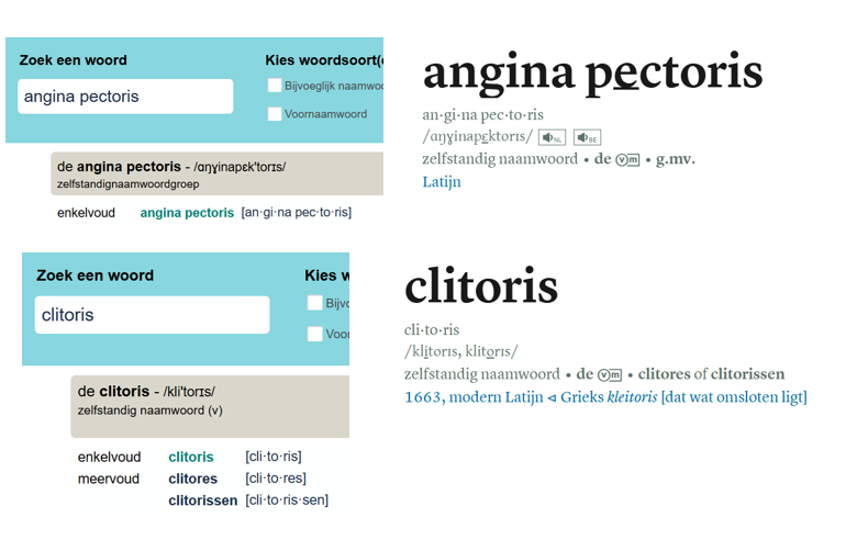 De #Woordenlijst van #Taalunie legt klemtoon op -TOR- in 'angina pectoris'.

#DikkeVanDale legt gewoon klemtoon op PEC-.

Waar komt die klemtoon vandaan?

Dacht medewerker #Taalunie te veel aan lekenklemtoon cliTORis (Latijn: CLItoris).