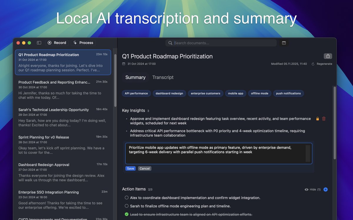 Приложение одобрили и его можно скачать! 🚀

Пишет звонки без “ботов”, а с экрана. Работает с любой звонилкой. Расшифровывает и суммизирует локально на маке или облачной моделью. Полнотекстовый и векторный поиск.

LET’S GO!!!