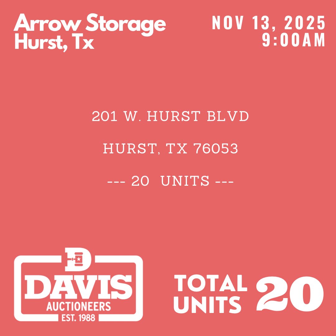 DavisAuctions's tweet photo. Storage unit auctions for Thursday, Nov 13 in the DFW area. See you there. #storageauction #liveauction #storageunitfinds #storageunitauction #resellers https://t.co/tQABnQN40k