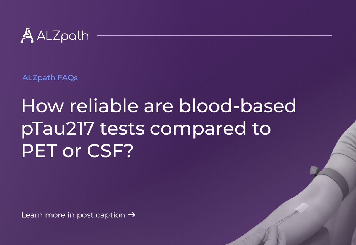 AlZpath's tweet image. How reliable are blood-based pTau217 tests compared to PET or CSF?

Studies show blood tests powered by the #pTau217 antibody perform comparably to CSF tests for detecting Alzheimer’s disease - a major step toward earlier, more accessible diagnosis.

🔗 alzpath.bio/faqs