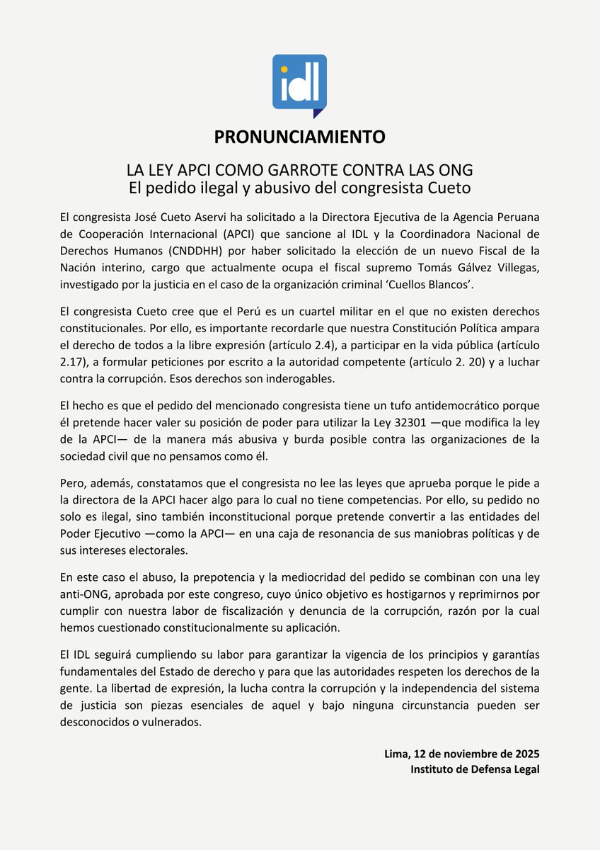 Ideele's tweet image. #PRONUNCIAMIENTO La ley APCI como garrote contra las ONG