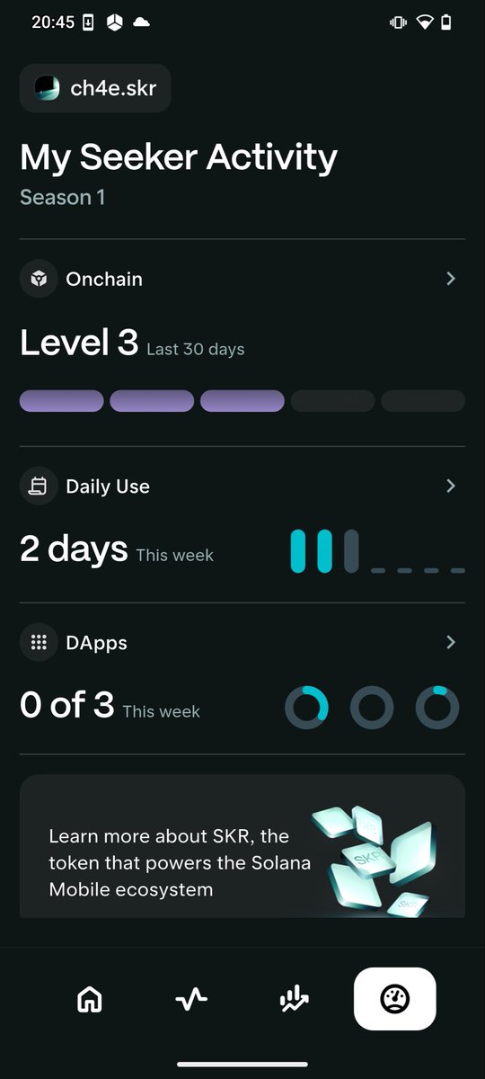 I’ve just reached level 3 on my Seeker. 

If you have a <a href="/solanamobile/">Seeker | Solana Mobile</a> do not forget to use it. 
Why ? Because $SKR AirDrop is planed 

This AirDrop will be sent only at real users. So it necessary to use your Seeker once time by week but it will be great to use it daily to