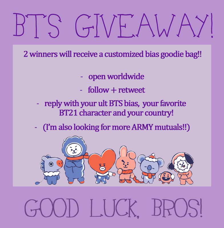✨ BTS BIAS BAG GIVEAWAY! ✨

💜 2 winners!
🟪 requirements below 
🟣 bonus entry #1 = follow my AU account (<a href="/sanitizedworld/">(• ε •) Namjin AU 📌</a>) -- I've got an active Namjin AU and an active Taekook AU + there's a Yoonmin/Jihope AU coming soon!
💜 bonus entry #2 = tag a friend!
🟪 ends in 48 hours
