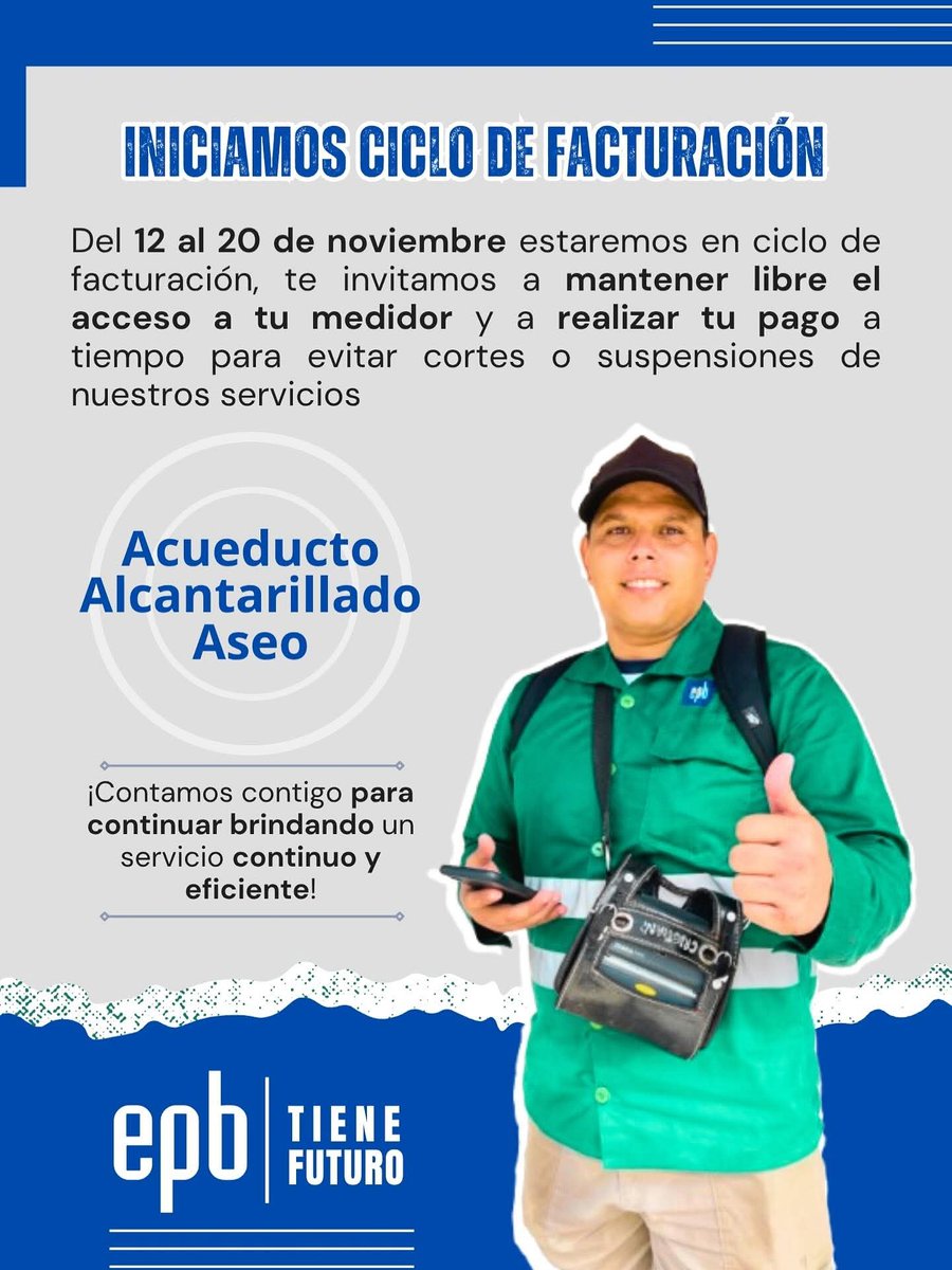 EPBPTOBOYACA's tweet photo. 📷 Del 12 al 20 de noviembre estaremos en nuestro ciclo de facturación 📷
📷Te pedimos mantener libre el acceso a tu medidor y efectuar tu pago a tiempo. Así evitamos interrupciones y seguimos disfrutando de un servicio estable para todos. 📷
Tu compromiso hace la diferencia 📷 https://t.co/UO0C1qaBog
