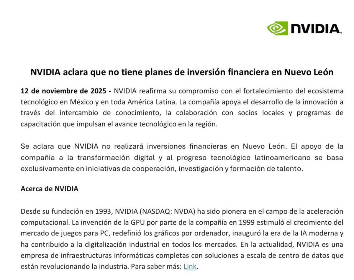 Rodpac's tweet image. Aquí el comunicado de @nvidia negando la inversión en Nuevo León que anunció @samuel_garcias
