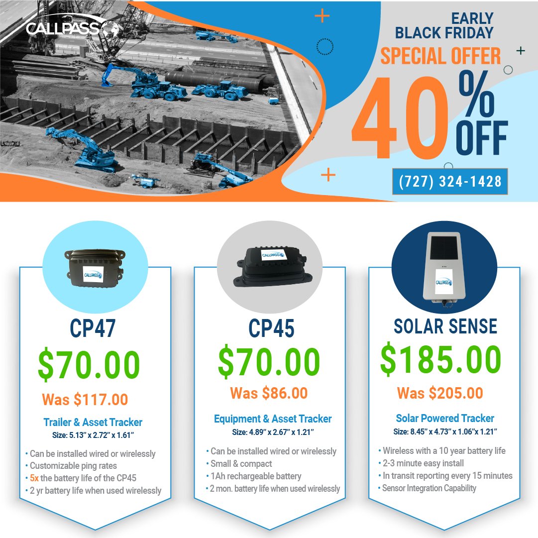 Don't miss our Early Black Friday Asset Tracking Sale — huge savings on the devices that keep your assets visible, secure, and on the move.

Learn more about these robust trackers at callpass.com.

#CallPass #LANAasset #AssetTracking #EquipmentTracking #TrailerTracking