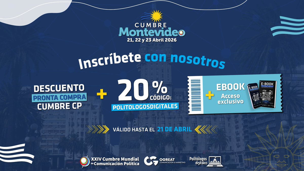 ¡Montevideo se será la sede de la gran cita de la #ComPol! 🇺🇾

Del 21 al 23 de abril de 2026, llega la XXIV @cumbrecp.

🎁 50% DSCTO por PRONTA COMPRA + 20% EXTRA con el código: POLITOLOGOSDIGITALES 🎫
⚠ Hasta el 30 de Noviembre.

 👉 cumbrecp.com

#CumbreMontevideo
