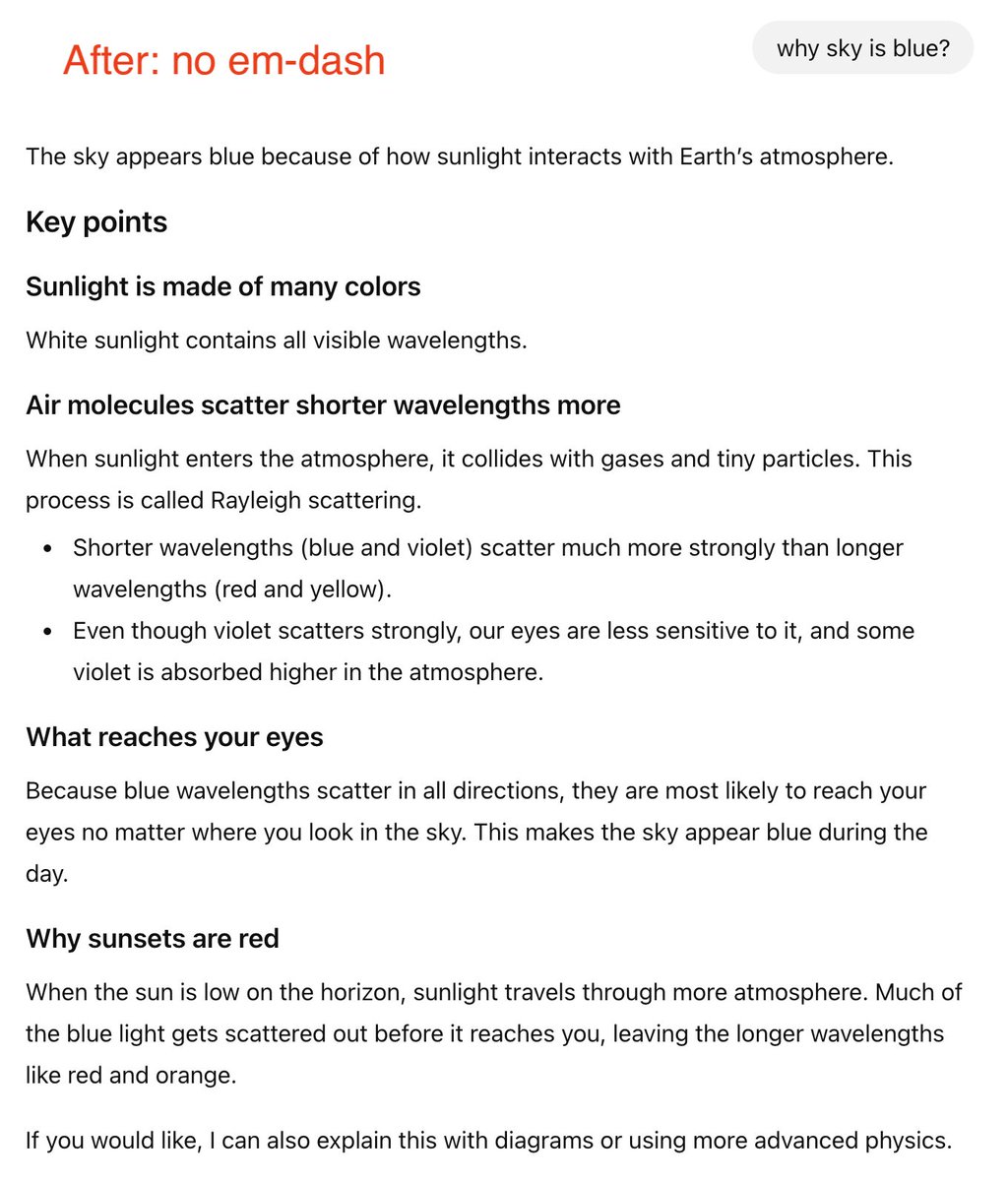 <a href="/XiangningChen/">Xiangning Chen</a> significantly boosted the custom instruction following capabilities for 5.1!! Here is a quick comparison with the custom instructions "do not use em-dash!" for GPT-5 and GPT5.1. Amazing work! openai.com/index/gpt-5-1/