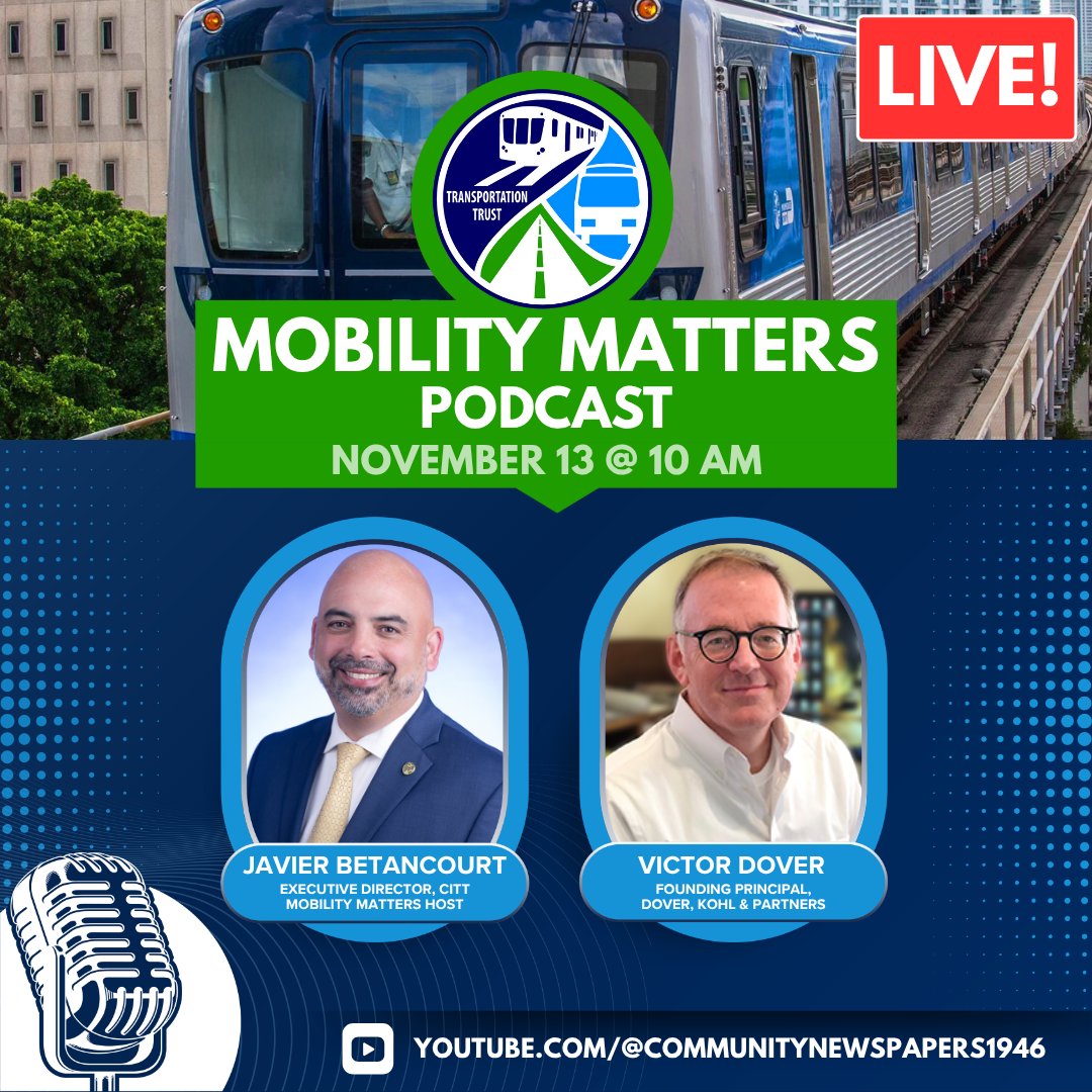 Join us tomorrow for a double-header of #MobilityMatters featuring Ariel Meyer at 9:30 a.m. and Victor Dover at 10 a.m. 🚶🚲🚎🚆

Tune in LIVE at youtube.com/@communitynews…!
