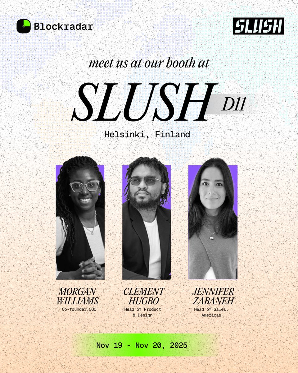 codemathics's tweet image. i’ll be in Finland 🇫🇮 next week with the @BlockradarHQ  team for @SlushHQ conference!

@MORe_aGAiN, Jennifer Baca Zabaneh and i are hyped to meet founders, builders, and friends shaping the future of money with stablecoins around the world, in an incredible and energy-packed…