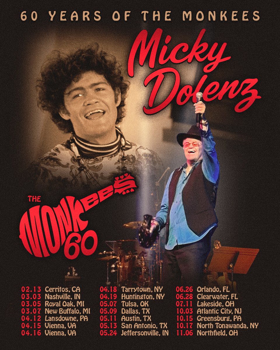 Exciting news! I'm touring in 2026 for the Micky Dolenz: 60 Years of The Monkees Tour.  

Exclusive presale runs now through Thursday at 10 PM. Use code MICKY2026 for early access to tickets.

Check dates and links at MickyDolenz.com/gigs