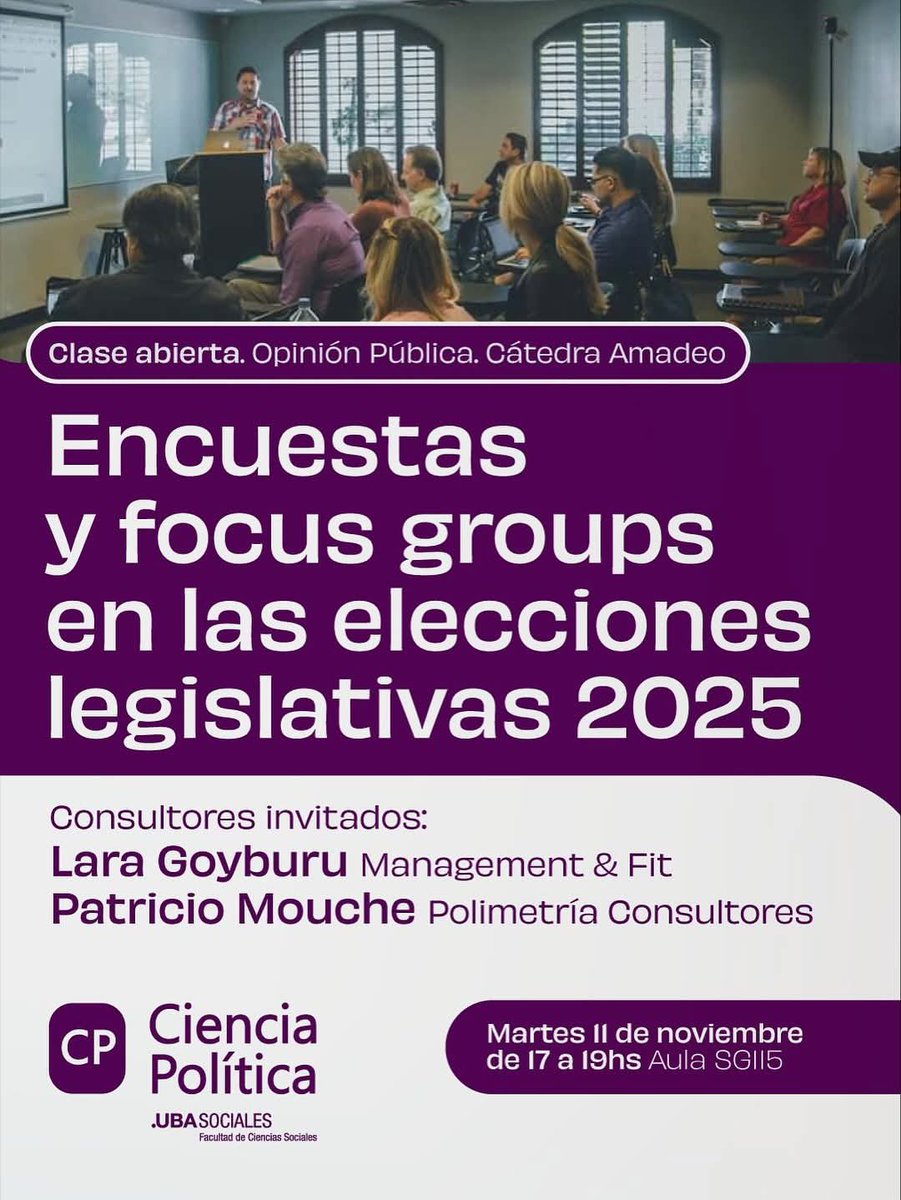 📊 ¡Ayer en <a href="/CpoliticaUBA/">Ciencia Política - UBA</a>!

📖 La cátedra Amadeo realizó una clase abierta sobre encuestas y focus groups en las elecciones legislativas 2025

👥 Con la participación de <a href="/Belen_Amadeo/">Belén Amadeo</a>, <a href="/LaraLin78/">Lara Goyburu</a> y <a href="/patriciomouche/">Patricio Mouche</a>