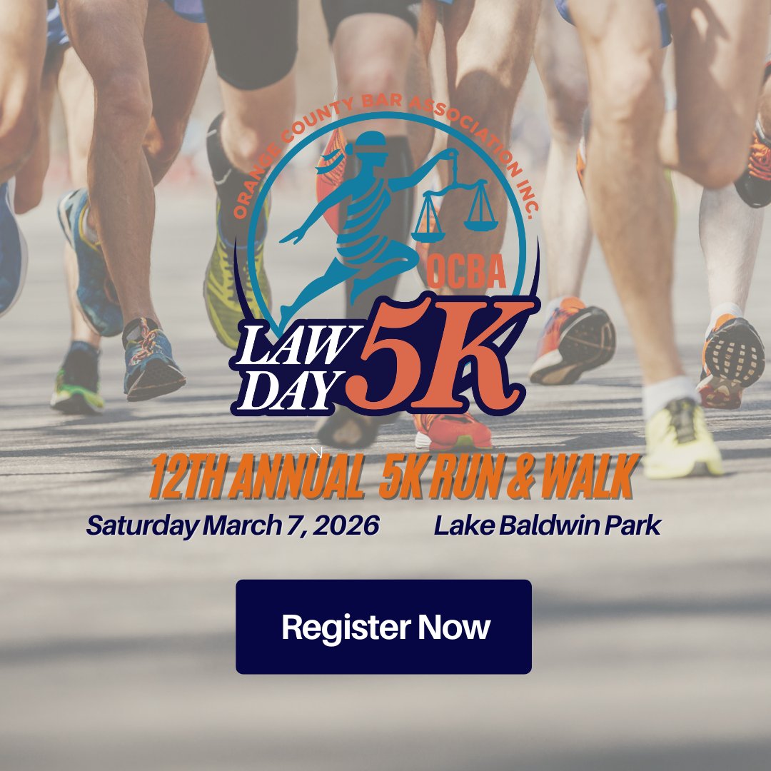 Don’t wait! Register now for the 12th Annual OCBA Law Day 5K Run/Walk — Sat, March 7 at Lake Baldwin. Run, walk &amp; make a difference for the Legal Aid Society &amp; OCBA Foundation. Register early 👉 bit.ly/LawDay5k
#OCBA #LawDay5K #RunForJustice