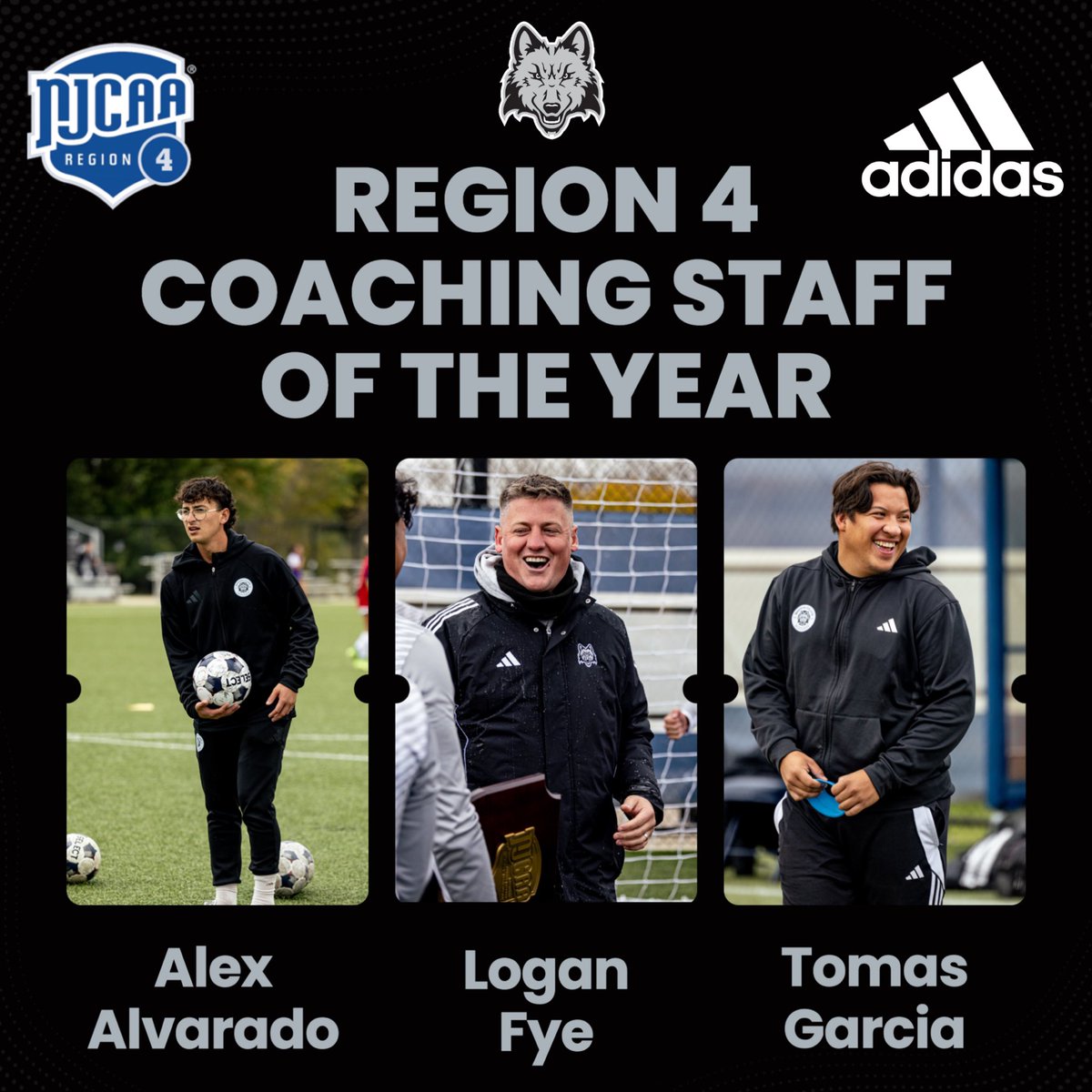 packmsoccer's tweet photo. Congratulations to the 2025 Region 4 Coaching Staff of the Year! 

Head Coach Logan Fye
Associate Head Coach Alex Alvarado
Assistant Coach Tomas Garcia

Well done coaches! 🐺 https://t.co/gwOfK5sXlu