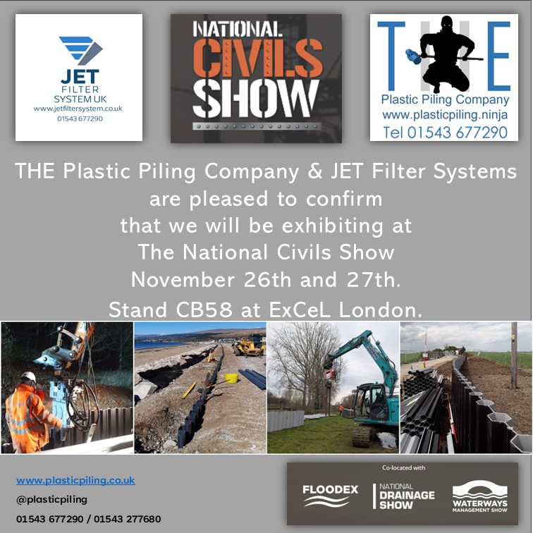 JETFilterSystem's tweet image. JT Filter Systems UK E is pleased to confirm that we will be exhibiting at The National Civils Show November 26th and 27th. Stand CB58 at ExCeL London.
#plasticpiling
#piling
#vinylsheetpiling
#sheetpiling
#civils
#excel
#floodex
#nationaldrainageshow
#waterwaysmanagement
