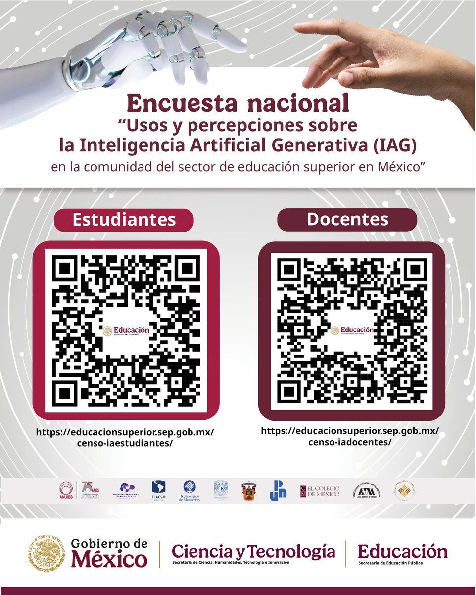 ¡La @sep_mx te invita a participar en la Encuesta nacional "Usos y percepciones sobre la Inteligencia Artificial Generativa en la comunidad del sector de educación superior en México"!
Estudiantes
educacionsuperior.sep.gob.mx/censo-iaestudi…
Docentes
educacionsuperior.sep.gob.mx/censo-iadocent…

Tu opinión es clave para