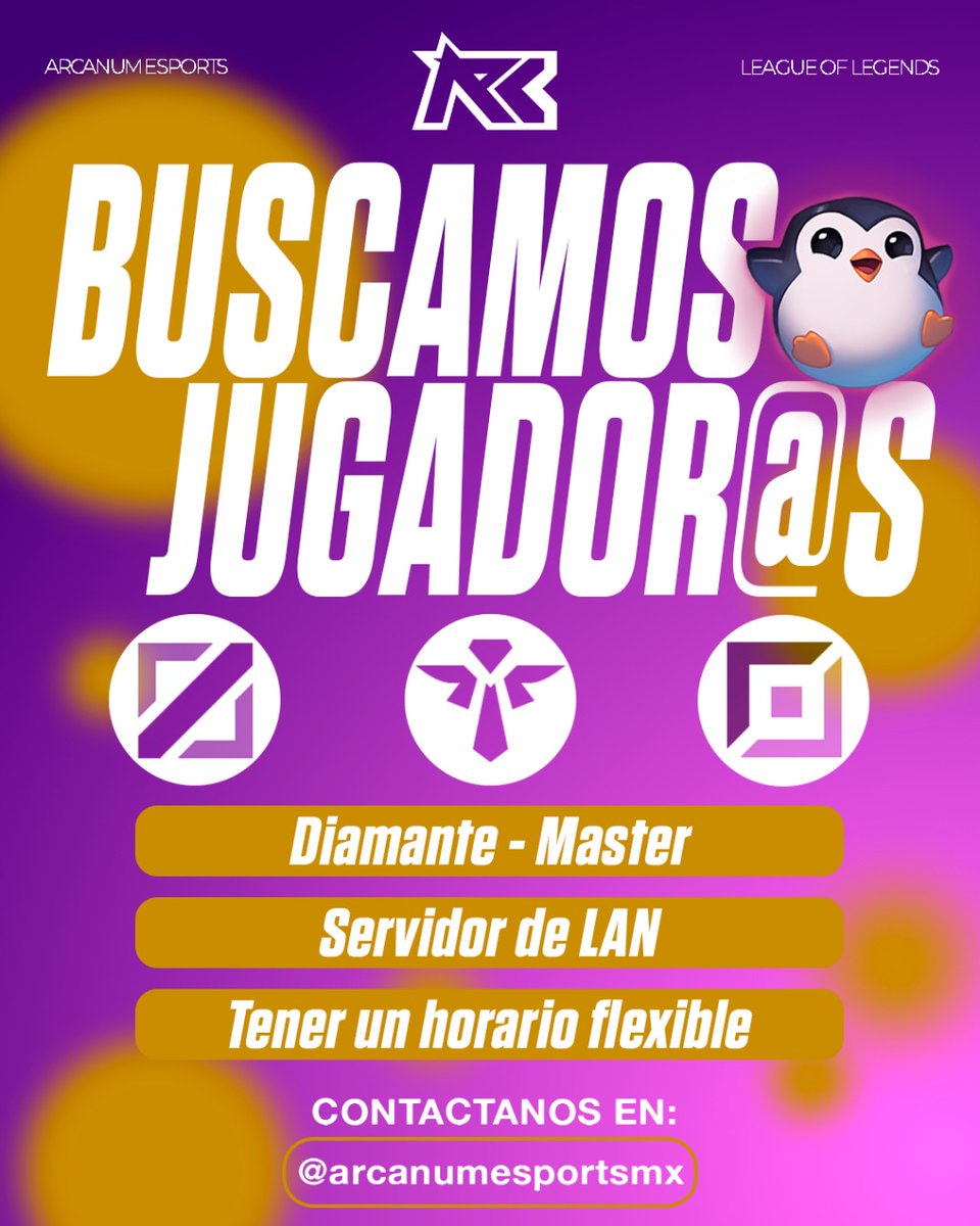¡Arcanum Esports busca jugadores de LoL para su nueva división!
🎯 Roles: Mid / JG/ SUPP
💎 Rango: Diamante–Master
🌎 Servidor: LAN
⏰ Horario: a partir 7PM CDMX

#LoL #Esports #LeagueOfLegends #LAN #TeamRecruit #ArcanumEsports #Gaming #Tryouts