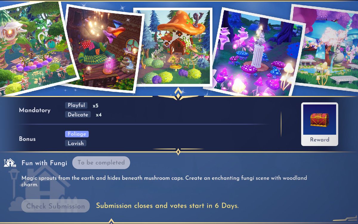 DazzTM's tweet photo. ✨🍄 Fun with Fungi 🍄✨

🏠 Decor challenge 

🍄 Playful x 5
🍄 Delicate x 4
🍄 Foliage 
🍄 Lavish 

Magic sprouts from the earth and hides beneath mushroom caps. Create an enchanting fungi scene with woodland charm. 

#DisneyDreamlightValley #ddlv #DreamSnaps #FunWithFungi https://t.co/4EsqOuw19T