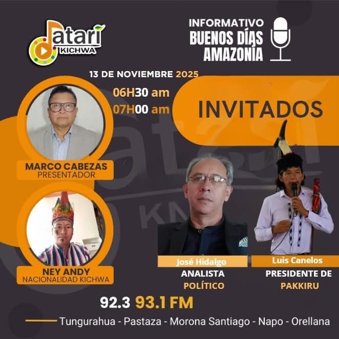 Mañana 07:00 am por radio Jatari Kichwa 92.3 y 93.1 FM entrevista a Luis Canelos Kuraka de <a href="/pakkiru_org/">PAKKIRU</a>