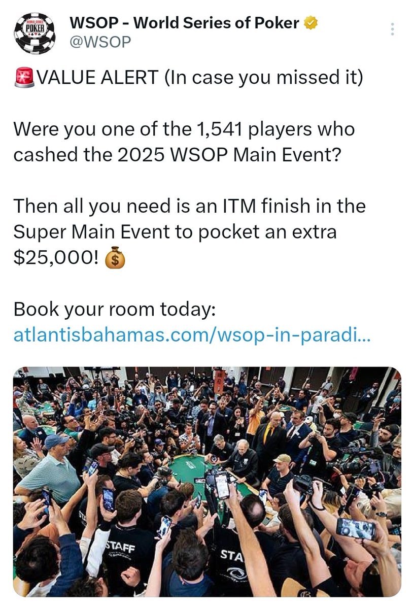 Just had to pay to be 'Verified' on Twitter (X) so that I could DM the <a href="/WSOP/">WSOP - World Series of Poker</a> to try find out if- with the Bahamas Super Main promotion- if when someone who is eligible for the extra money if they cash the tournament - if its paid in cash on property or funds deposited into wsop