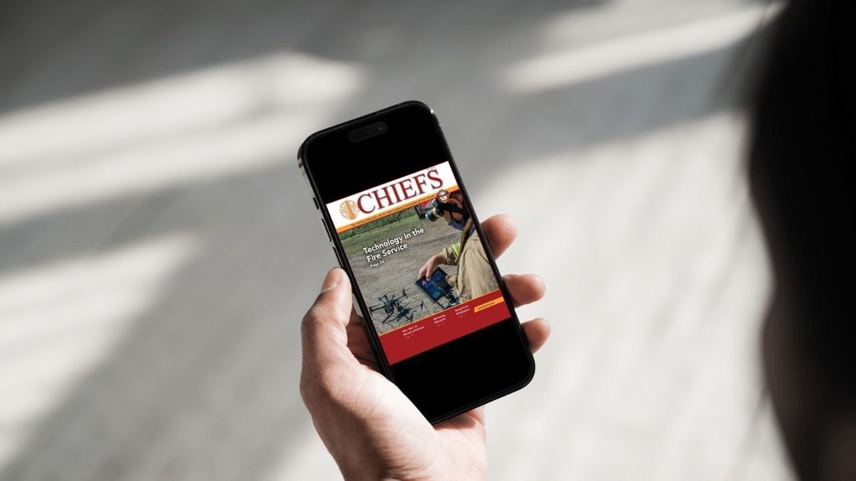 IAFC's tweet image. The latest issue of iCHIEFS is available for free at buff.ly/tlCPmTi. It features messages from IAFC leaders, articles on technology, recruitment and retention strategies, and transforming professional training into higher education, along with an update on progress in DC