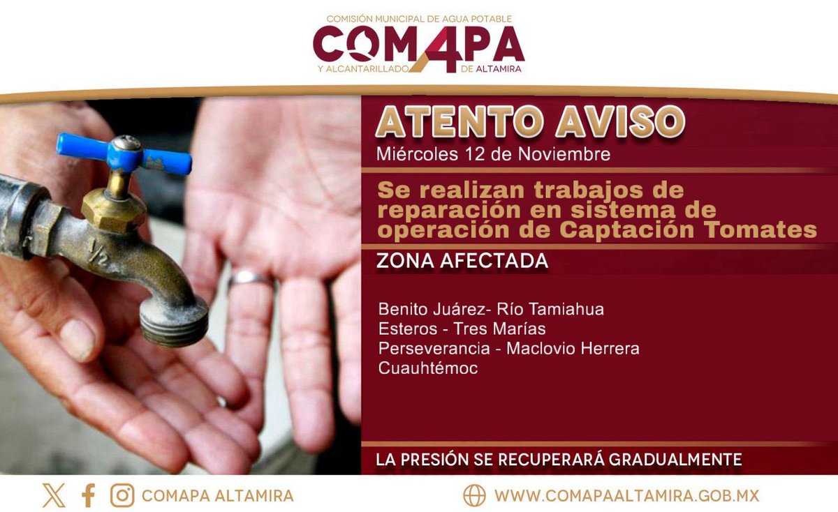 🚨 AVISO IMPORTANTE 🚨

Se informa a la ciudadanía que se presenta un fallo en el sistema de operación de Captación Tomates.
Nuestro personal técnico ya trabaja en la reparación para restablecer el servicio lo antes posible.

#ComapaAltamira #ComprometidosContigo