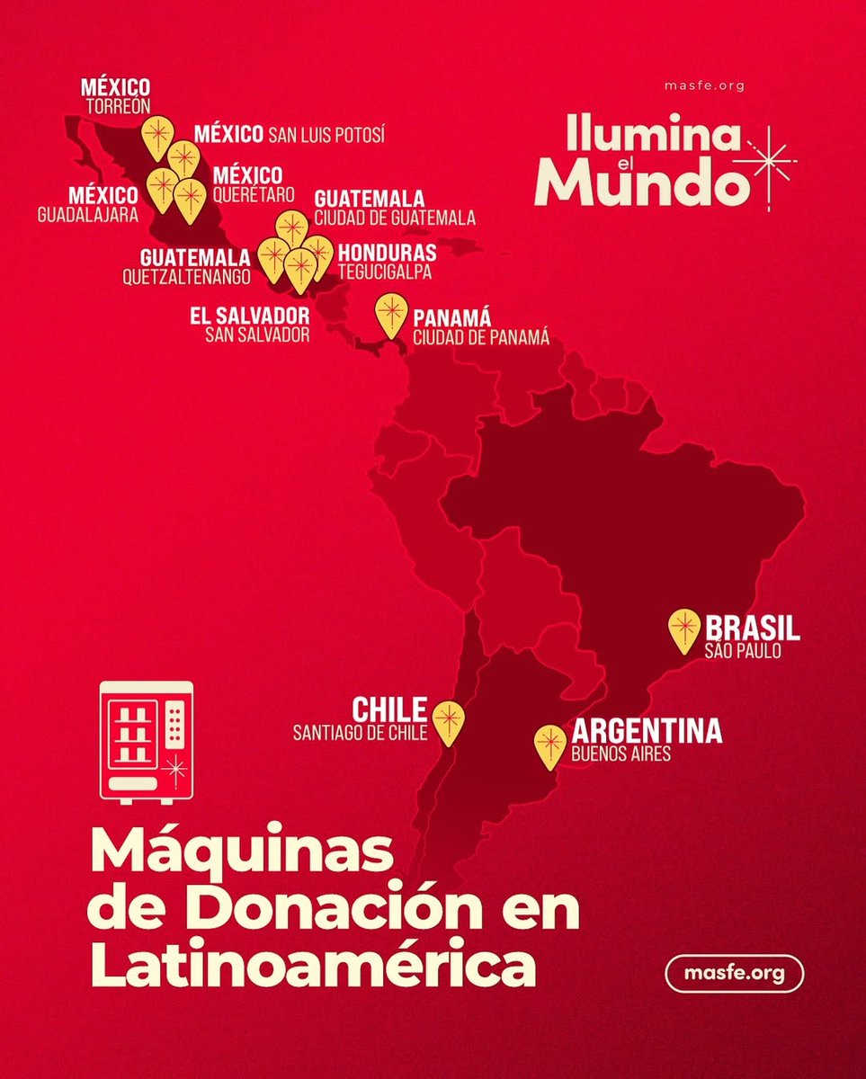 Masfe_org's tweet image. Este año, las máquinas de donación llegan a más países de Latinoamérica. Esta Navidad, ilumina el mundo compartiendo con quienes más lo necesitan.
Conoce más aquí: bit.ly/48c6i92

#iluminaelmundo #sud #masfe