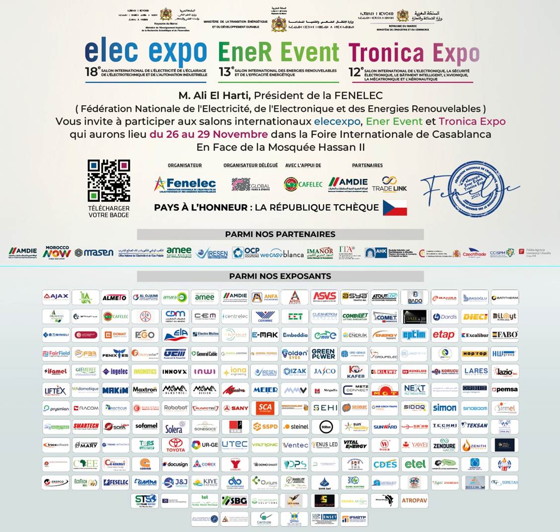 FENELEC_MAROC's tweet photo. La FENELEC  vous inviter aux Salons elec expo, EneR Event &amp; Tronica expo 2025, qui se tiendront du 26 au 29/11/2025 à la Foire Internationale de Casablanca, en face de la Mosquée Hassan II.

🎫 Téléchargez dès maintenant votre badge d’accès gratuit sur : https://t.co/SHiSZH89FV https://t.co/RYzi1jJinf