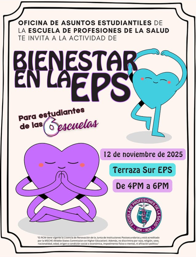 La Escuela de Profesiones de la Salud (EPS) invita a las 6 escuelas del Recinto de Ciencias Médicas a su actividad de bienestar hoy miércoles, 12 de noviembre de 4-6pm. Todavía en sesión activa.

Aprovechen esta oportunidad para relajarse 💆💆‍♀️