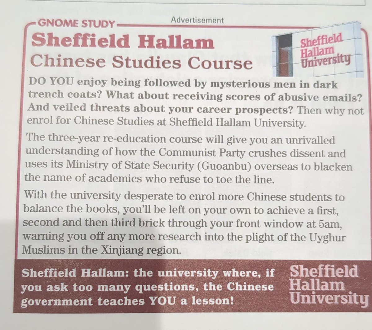 This would be pretty funny if Sheffield Hallam hadn't stopped offering Chinese.
