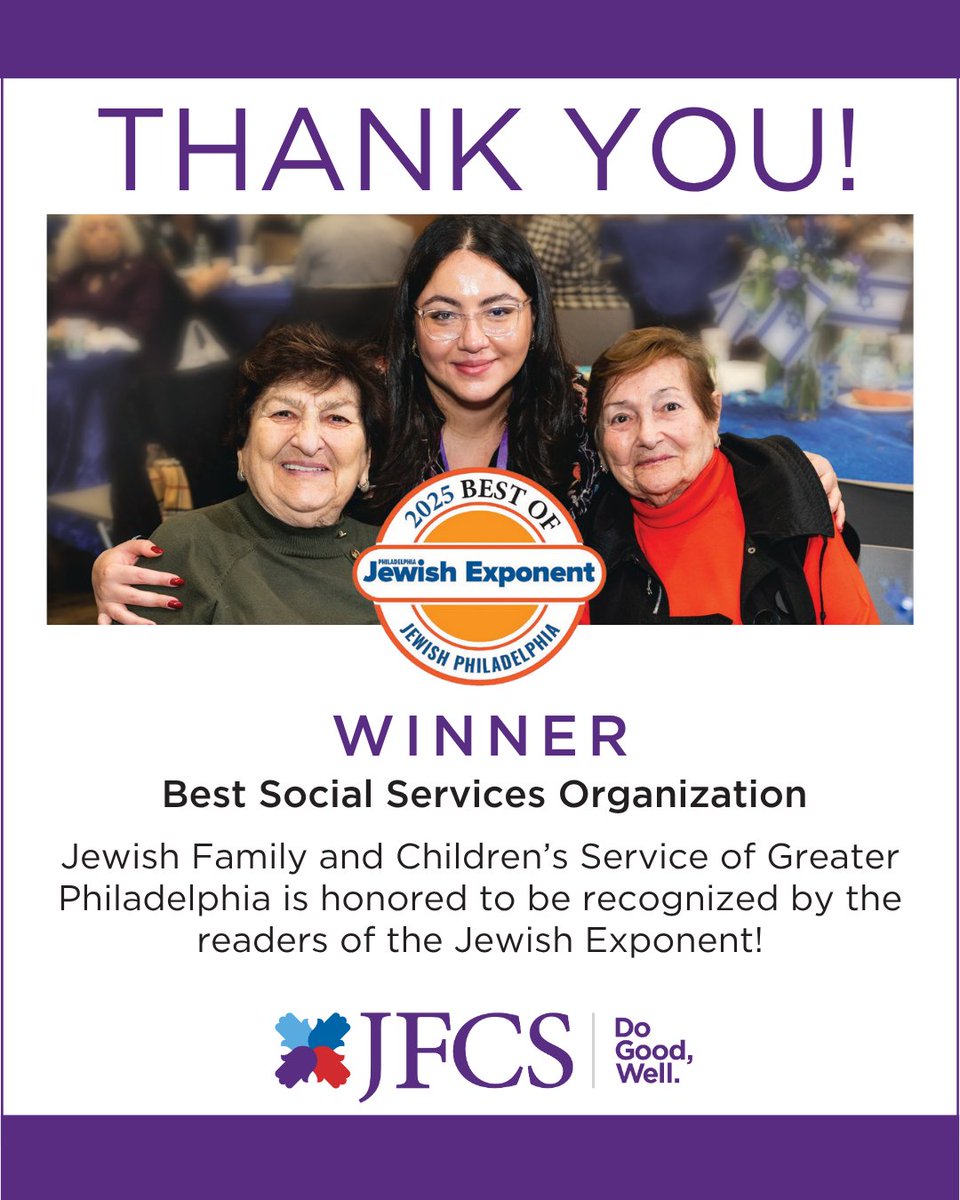 JFCS is honored to be named Best Social Services Organization by the readers of the @JewishExponent!
To learn more about how we’re supporting and serving our community, and how you can be a part of it, visit jfcsphilly.org.
#JFCS #JFCSPhilly