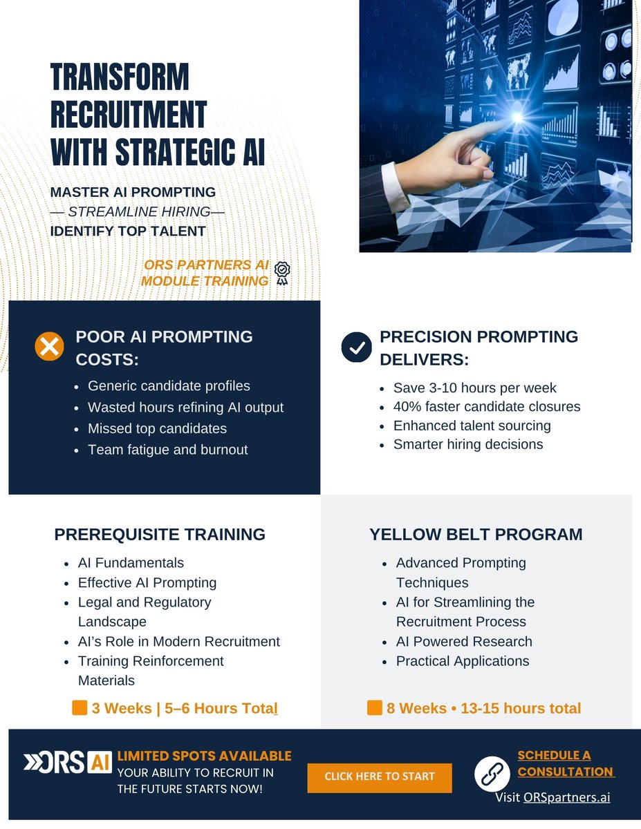 Recruit smarter, not harder.
ORS AI Training helps teams master prompting, streamline sourcing, and find top talent faster.
3–15 hours of training = real impact.
Start today 👉 orspartners.ai #AIrecruiting #HRTech