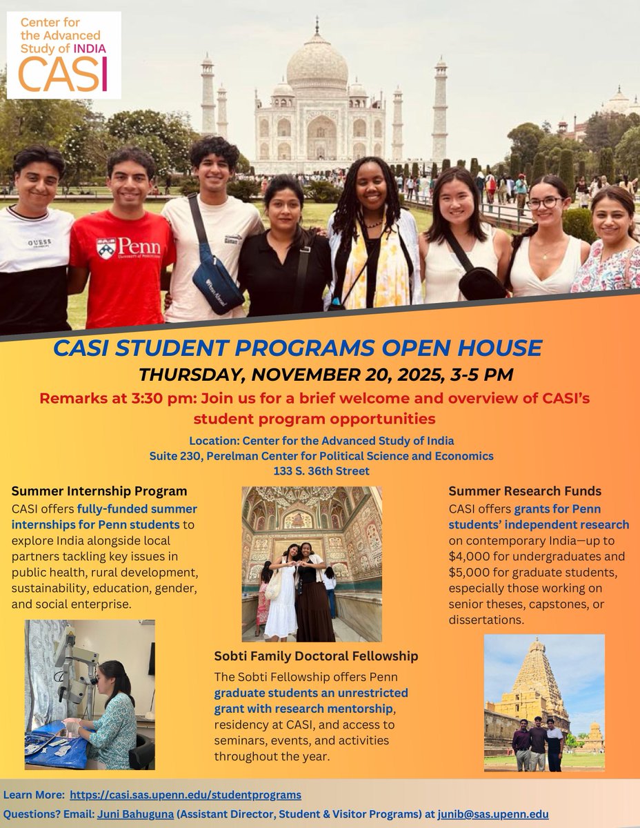 CASIPenn's tweet image. Interested in learning more about CASI Student Programs opportunities for 2026? Come to our CSP Open House, Thursday, Nov 20, 3-5pm at CASI! Read more: casi.sas.upenn.edu/studentprograms