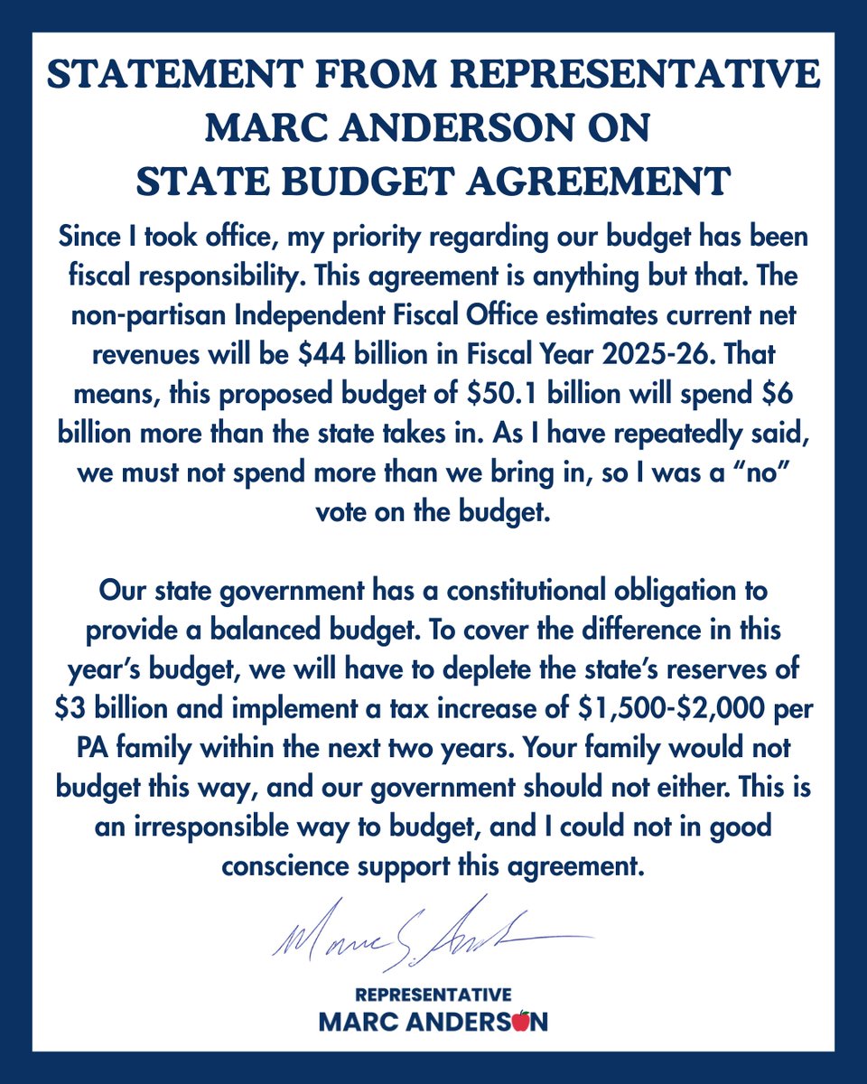 After a months-long budget impasse, lawmakers in Harrisburg came to an agreement today that the Governor signed into law. I voted no. Here's why: