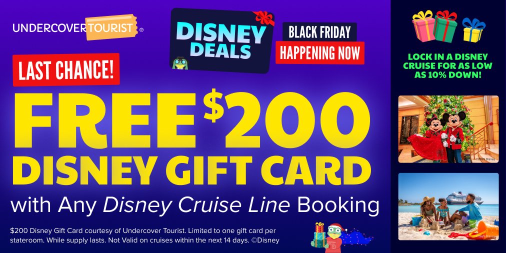 LAST CALL‼️ 🛳️  🎉 Book ANY Disney Cruise Line sailing and get a FREE $200 Disney Gift Card! 💳✨

⏰ This deal ends Thursday at 11:59pm EST.
🙌 Lock in a Disney Cruise for as low as 10% down!
🐸 Hop to our link to lock in your cruise + Disney Gift Card Black Friday deal before