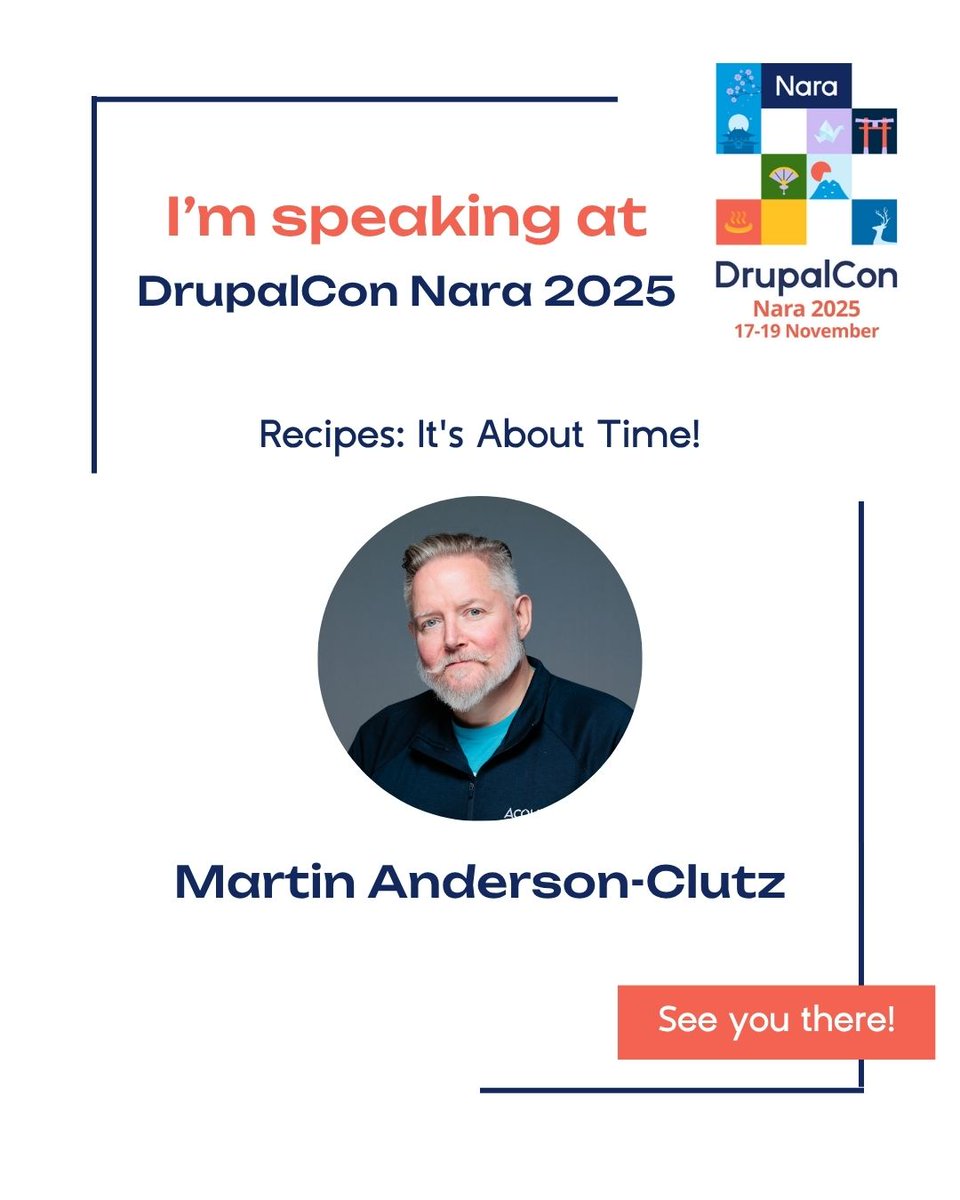 DrupalConAsia's tweet image. 🧩 #DrupalRecipes でサイト構築をより速く！
#DrupalConNara にて @mandclu  が登壇。
 セッション 「Recipes: It’s About Time!」 では、Starshot イニシアチブの一環として、

📅 11月18日 | 🕐 午後1:00 | 📍 飛天 C/D

#DrupalConAsia #OpenSource #DrupalJapan #DrupalCMS #Drupal