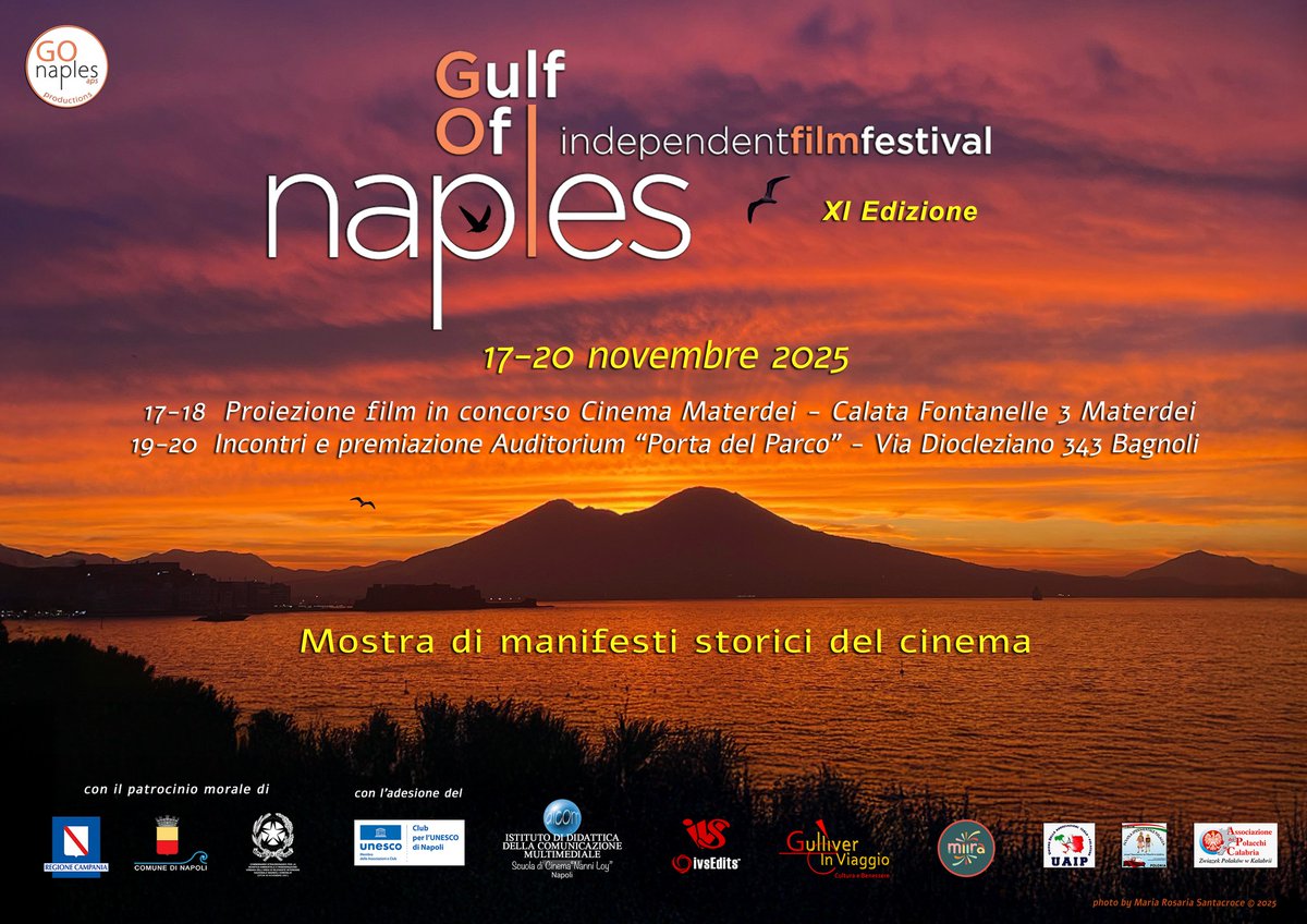 GerryEdison's tweet photo. The Gulf of Naples Independent Film Festival 2025
November 17 and 18, Cineclub Materdei, non-stop screenings of selected films from 9:00 a.m. to 10:00 p.m.
November 19, Porta del Parco Auditorium, meetings and poster exhibition
November 20,  Auditorium, awards ceremony https://t.co/3w92EGk6hl