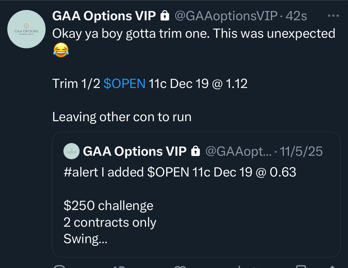 $OPEN 11c Dec 19 +100% 🔥 

Live entry ✅ 
Exact sizing ✅ 
Live trim/ exit ✅ 
AS ALWAYS!! 

LET ME HELP YOU CAPTURE THESE MOVES!! All I want is to help you make money 😭 ❤️