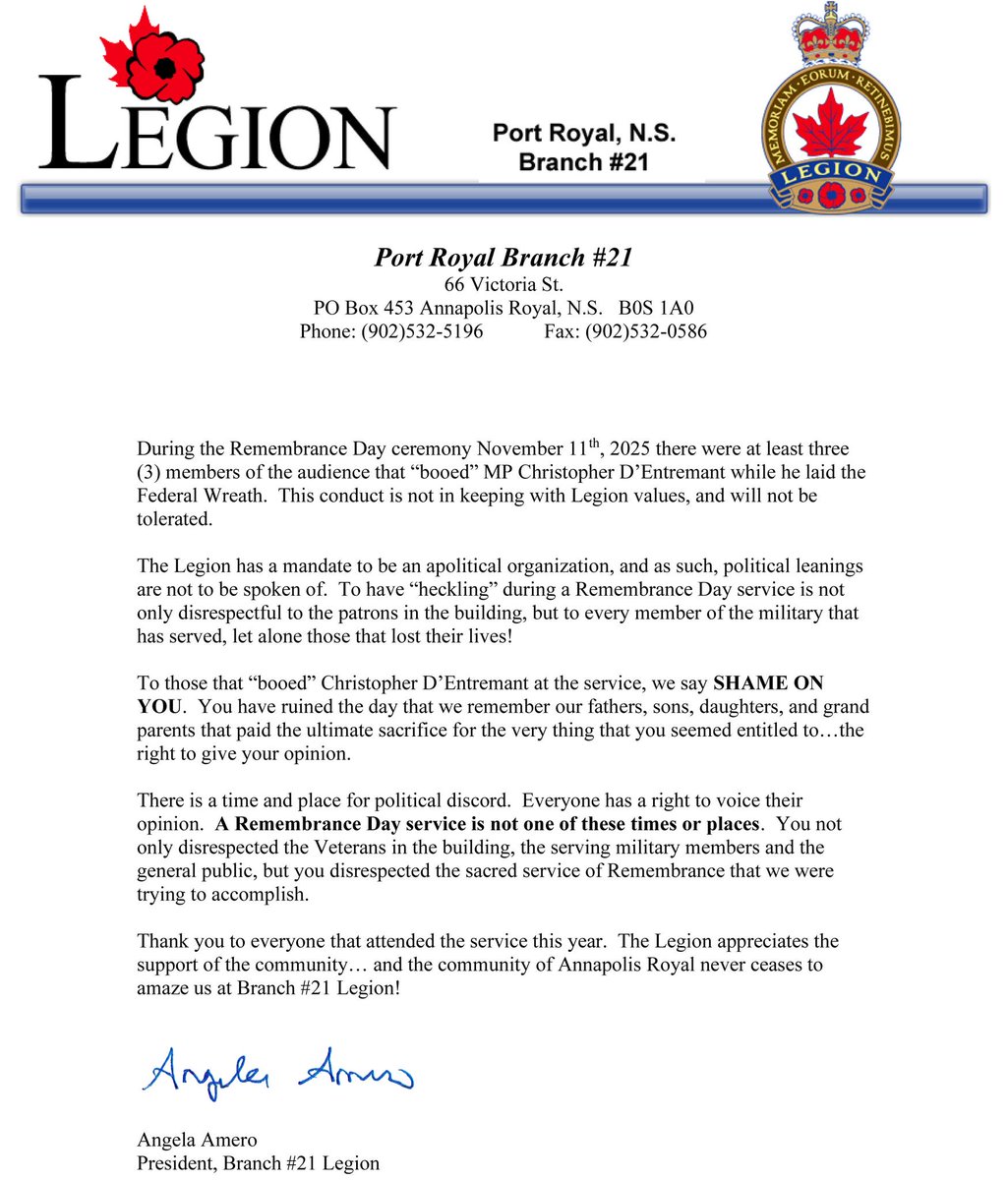 Statement from Port Royal Branch #21:

"During the Remembrance Day ceremony November 11th, 2025 there were at least three (3) members of the audience that "booed" MP Christopher D'Entremant while he laid the Federal Wreath. This conduct is not in keeping with Legion values, and