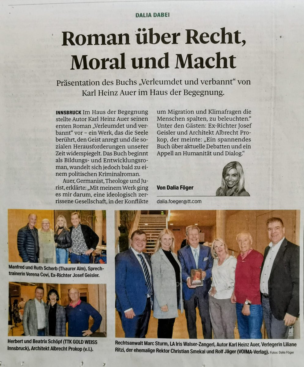 Medien-Highlight zu „Verleumdet und verbannt“

Wir freuen uns sehr über den schönen Zeitungsbeitrag in der Tiroler Tageszeitung, der unseren Autor Karl Heinz Auer und seinen Roman „Verleumdet und verbannt“ in den Fokus stellt.

Der Artikel beleuchtet die zentralen Themen des