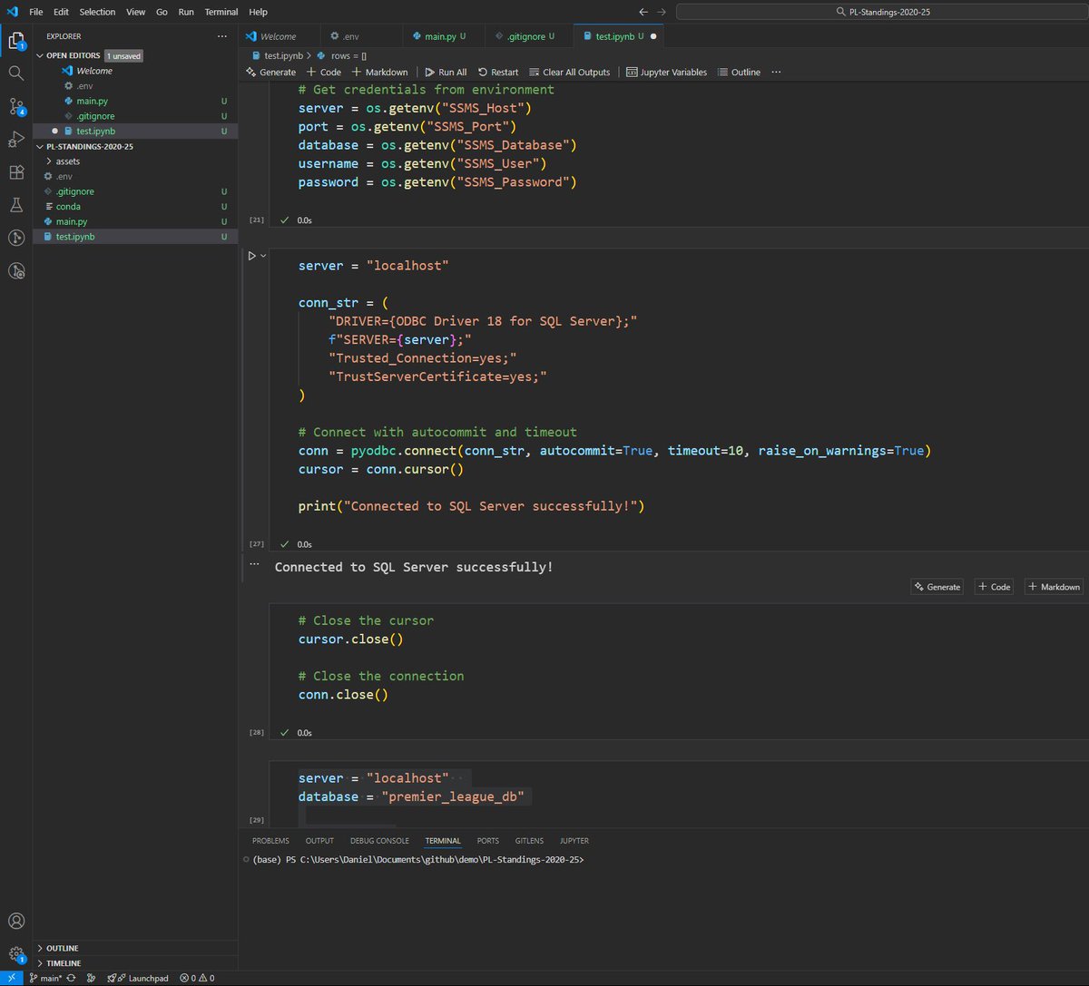 iam_daniiell's tweet image. 𝗗𝗮𝘆 𝟮𝟱: 𝗙𝗶𝗿𝘀𝘁 𝗗𝗮𝘁𝗮 𝗘𝗻𝗴𝗶𝗻𝗲𝗲𝗿𝗶𝗻𝗴 𝗣𝗿𝗼𝗷𝗲𝗰𝘁 - 𝗖𝗢𝗠𝗣𝗟𝗘𝗧𝗘.

Yesterday I planned. Today I built.
Built my first ETL pipeline using Python and SQL to pull live Premier League data from a REST API.
And it works. 🧵

𝗧𝗵𝗲 𝗣𝗿𝗼𝗷𝗲𝗰𝘁
ETL Pipeline:…