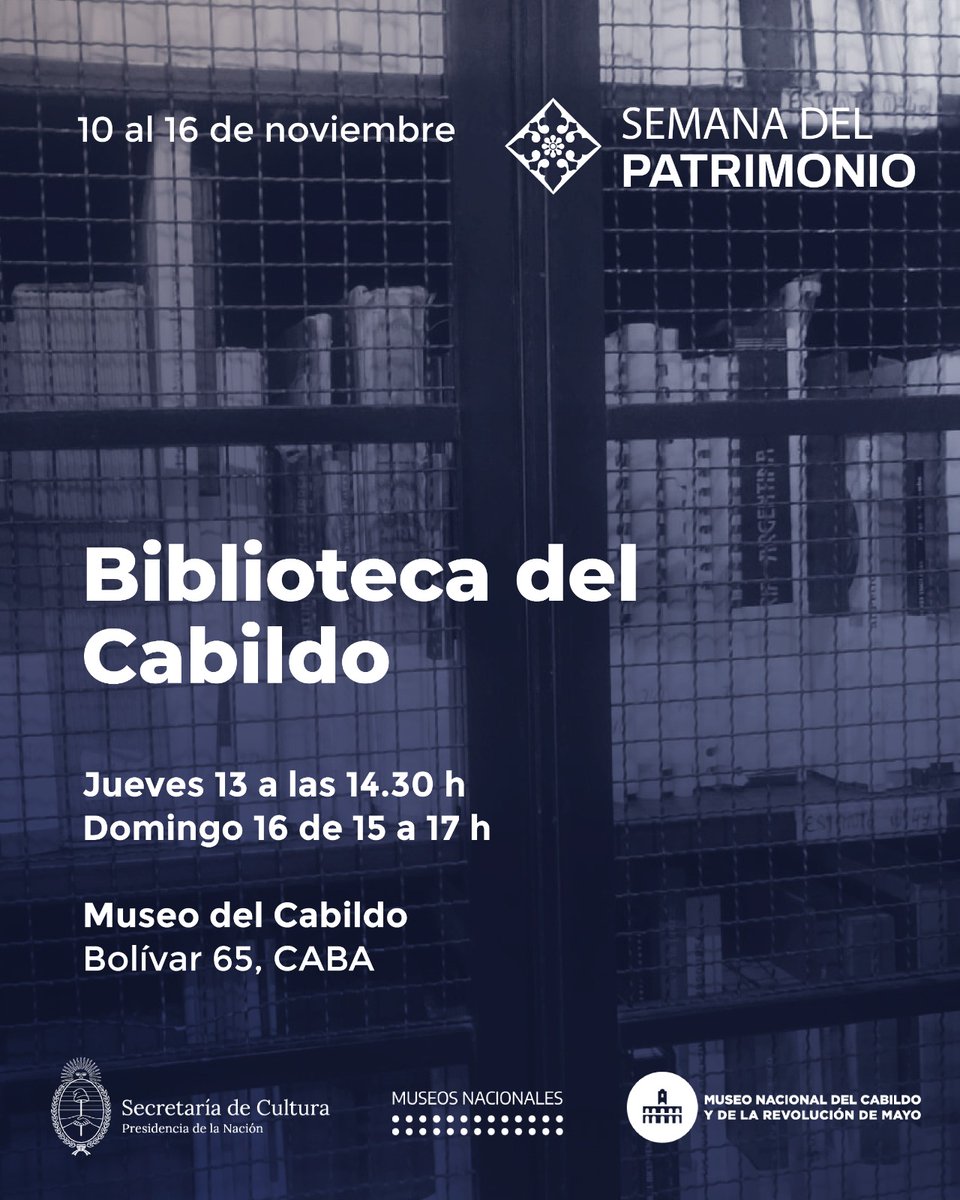 📜 Semana del Patrimonio

📌 Del 10 al 16 de noviembre. Tiene como objetivo la preservación y la comunicación de los bienes culturales tangibles e intangibles de la ciudad.

🏛📚 ¡Vení a conocer la historia y el contenido de la Biblioteca del Museo del Cabildo y a recorrerlo!