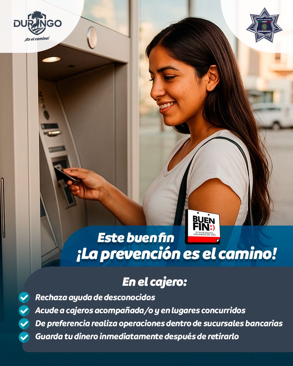 DMSPDGO's tweet image. 🛍️ ¡Llega el #BuenFin y la seguridad va primero!

El @DurangoCap refuerza las acciones preventivas para cuidar de ti y tu familia durante esta semana de grandes compras. 
☎️ Ante cualquier emergencia, recuerda: 911 está disponible las 24 horas.
#LaPrevencionEsElCamino
