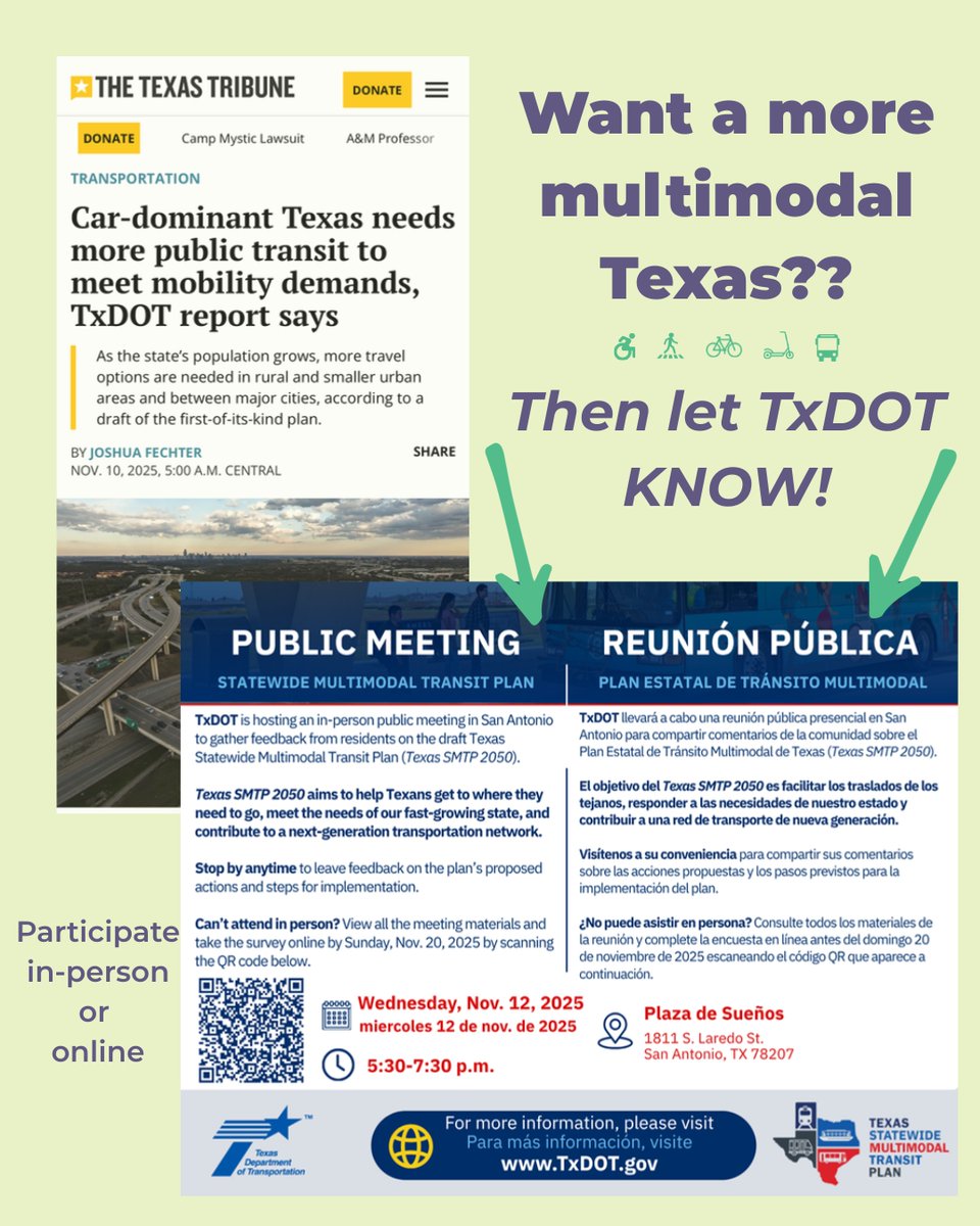 Tell TxDOT you want more multimodal options in Texas! 🚶🏽‍♀️🧑🏻‍🦽🚲 🚌

The Texas Department of Transportation is developing the Texas Statewide Multimodal Transit Plan 2050!

Participate in-person or online!
🔗 txdot.gov/projects/proje…